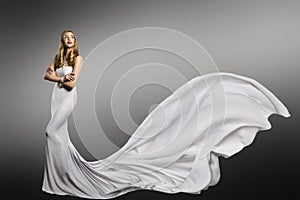 Woman White Dress, Fashion Model in Long Waving Silk Gown