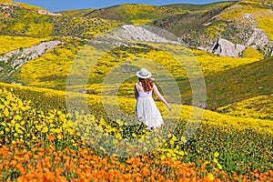 Woman in a white dress and hat walking among beautiful wildflowers