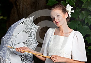 Woman white dress lace parasol