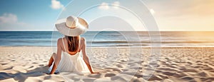 A woman in a white dress sits on a sandy beach, looking at a calm sea. Her large hat adds an element of elegance and