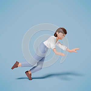 3d character woman wearing a white shirt falls forward with a blue background