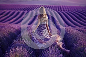 A woman in a white dress is standing in a lavender field