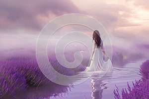 a woman in a white dress is standing in the water in a lavender field