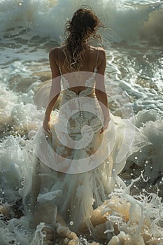 Woman in White Dress Stands Gracefully on Beach Waves