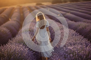 a woman in a white dress is walking through a lavender field