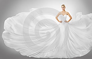 Woman White Flying Dress, Elegant Fashion Model Posing in Gown