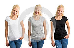 Woman in white, gray, and black T-shirts