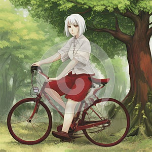 a woman white hair and brown eyes and her red bicycle under the tree in summer photo