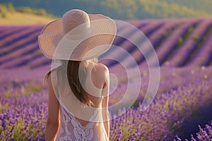 A woman in a white hat stands in a lavender field, surrounded by purple flowers