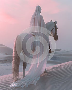 A woman on a white horse in the desert under a clear sky