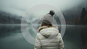Woman in white jacket and grey hat standing by lake in fog, female person watching mountains on the mist, travelling and
