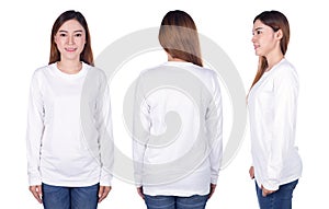 Woman in white long sleeve t-shirt isolated on white background