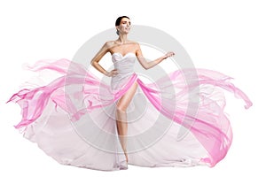 Woman White Pink Dress flying on Wind. Fashion Model in Chiffon Long Slit Bride Gown over White isolated Background