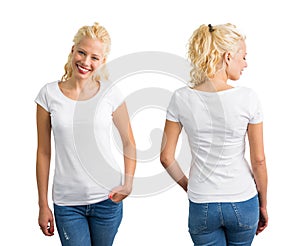 Woman in white round neck T-shirt