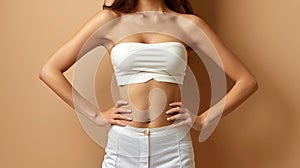 Woman in white strapless top and skirt showing midriff. photo