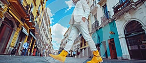 Woman in white suit and yellow boots walking down street