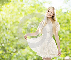 Woman White Summer Lace Dress, Fashion Model Girl over Green