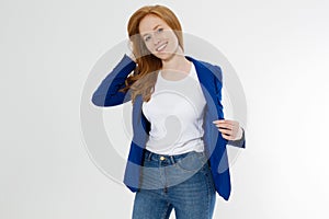 Woman in white t shirt and black leather jacket isolated on white background. Red hair girl in fashion clothes front view. Blank