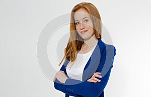 Woman in white t shirt and black leather jacket isolated on white background. Red hair girl in fashion clothes front view. Blank