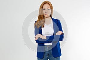 Woman in white t shirt and black leather jacket isolated on white background. Red hair girl in fashion clothes front view. Blank