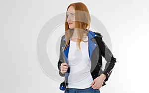 Woman in white t shirt and black leather jacket  on white background. Red hair girl in fashion clothes front view. Blank