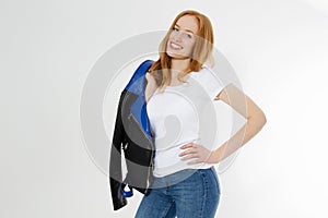 Woman in white t shirt and black leather jacket  on white background. Red hair girl in fashion clothes front view. Blank