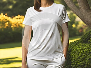 Woman with white t-shirt green garden mockup