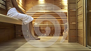 Woman white towel relaxing in wooden sauna room. Spa beauty treatment and relaxation concept