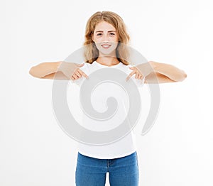 woman in white tshirt isolated on white background, mock up for desigh