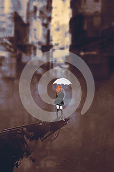 Woman with white umbrella in ruined city