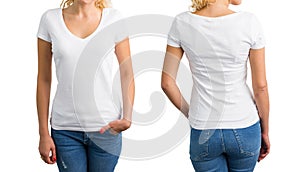 Woman in white V-neck T-shirt, front and back