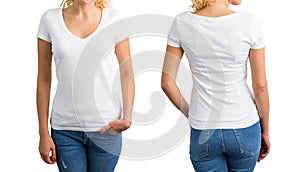 Woman in white V-neck T-shirt, front and back photo