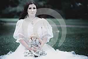 Woman in white Victorian dress