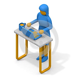 A woman who works in a standing position. Work on a laptop. Working carry woman. isometric