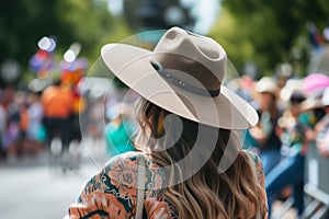 woman in a widebrim hat watching a parade photo