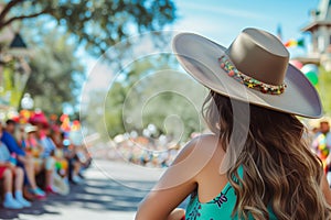 woman in a widebrim hat watching a parade photo