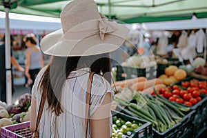 woman in a widebrimmed hat browsing through a farmers market