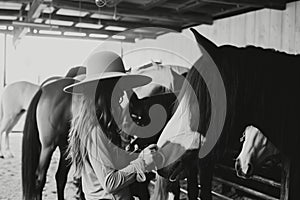 woman in a widebrimmed hat tending to horses in a stable