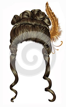 Woman wig hairs curls. medieval style rococo,baroque high hairdress with feather.