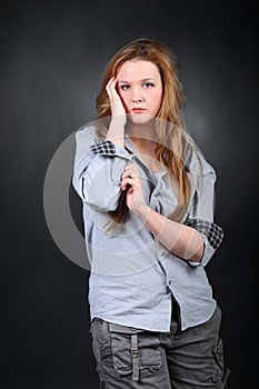 Woman with wild hair in photo studio