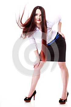 Woman with wind in her straight long hair