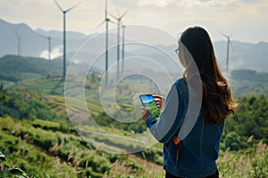 Woman in a wind turbine field looks towards wind turbine while holding a smartphone