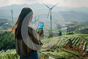 Woman in a wind turbine field. managing the efficient production of renewable energy. By generative Ai