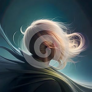 Woman with windswept hair covering her face - ai generated image