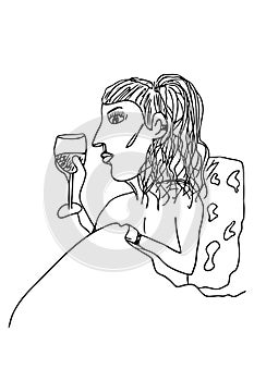 Woman with wine glass, freehand children\'s drawing sketch style. Lady enjoying goblet of alcohol, simply painted girl.