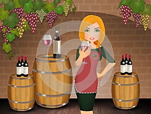 Woman in the wine tastes in the cellar