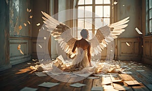 A woman with wings sits on the floor in front of a window.