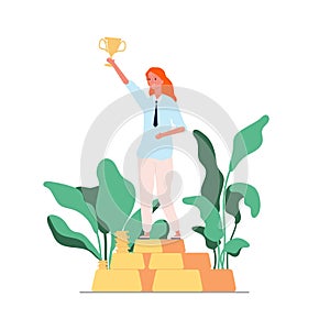 Woman winner. Businesswoman on pedestal with golden cup. Victory vector concept