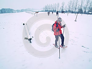 Woman on winter adventure trip on snowshoes in fresh snow