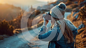 Woman in winter attire photographs on the road using binoculars, AI-generated.